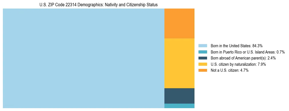 Treemap showing the population distribution by nativity and citizenship status in US ZIP Code 22314 based on U.S. Census data.
