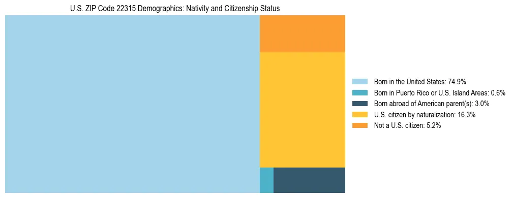 Treemap showing the population distribution by nativity and citizenship status in US ZIP Code 22315 based on U.S. Census data.