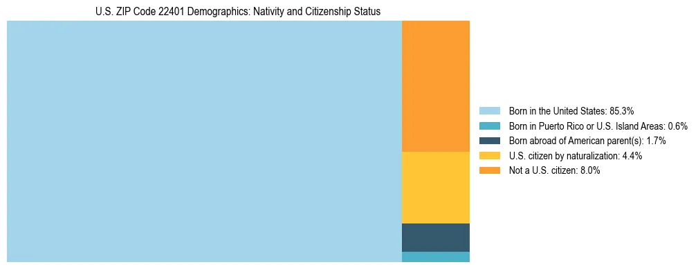 Treemap showing the population distribution by nativity and citizenship status in US ZIP Code 22401 based on U.S. Census data.