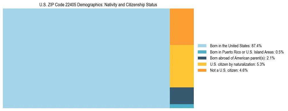 Treemap showing the population distribution by nativity and citizenship status in US ZIP Code 22405 based on U.S. Census data.