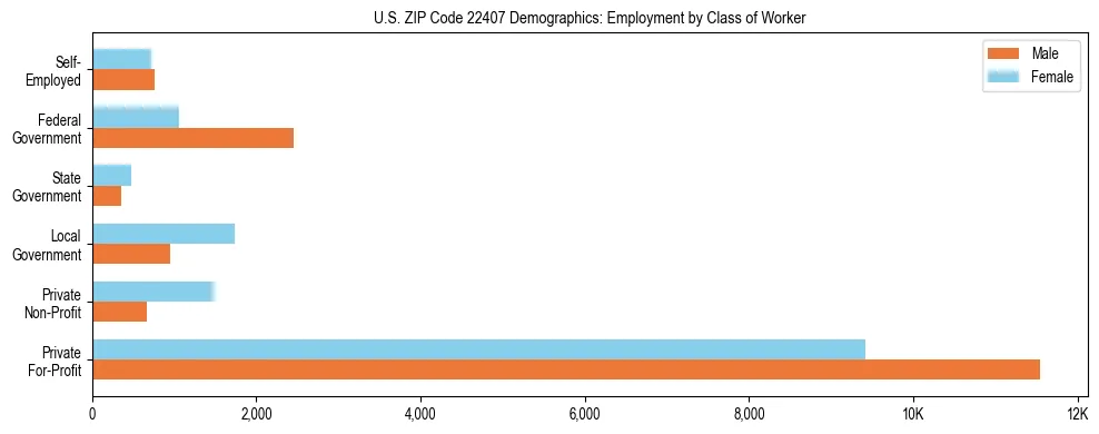 Horizontal bar chart showing employment distribution by class of worker and gender in US ZIP Code 22407, based on 2023 ACS data.