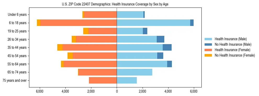 Pyramid chart showing health insurance coverage by age and sex in US ZIP Code 22407.