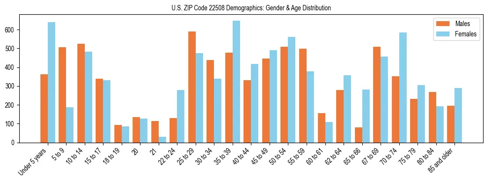 Bar chart showing the population distribution of US ZIP Code 22508 by age group and gender, based on 2023 ACS data.