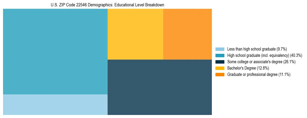 Treemap chart illustrating the educational attainment breakdown for population 25 years and over in US ZIP Code 22546.