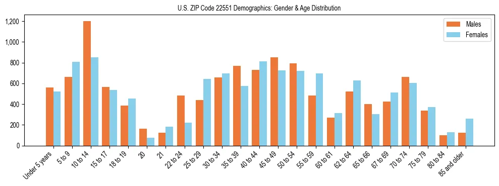 Bar chart showing the population distribution of US ZIP Code 22551 by age group and gender, based on 2023 ACS data.