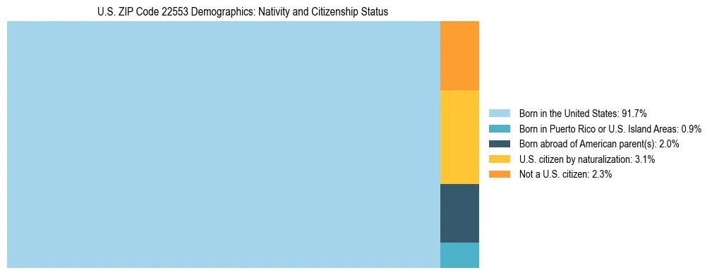 Treemap showing the population distribution by nativity and citizenship status in US ZIP Code 22553 based on U.S. Census data.