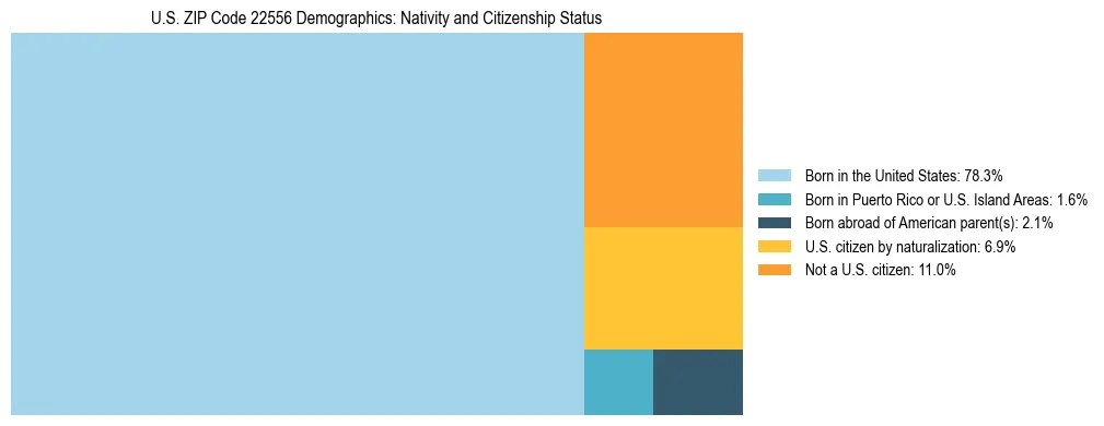 Treemap showing the population distribution by nativity and citizenship status in US ZIP Code 22556 based on U.S. Census data.