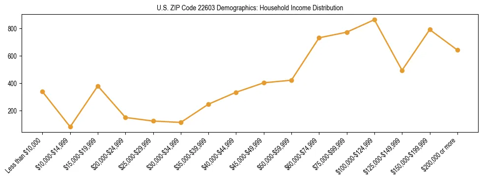 Horizontal bar chart showing household income distribution in US ZIP Code 22603.