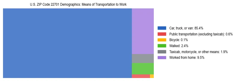 Treemap showing means of transportation to work distribution in US ZIP Code 22701.