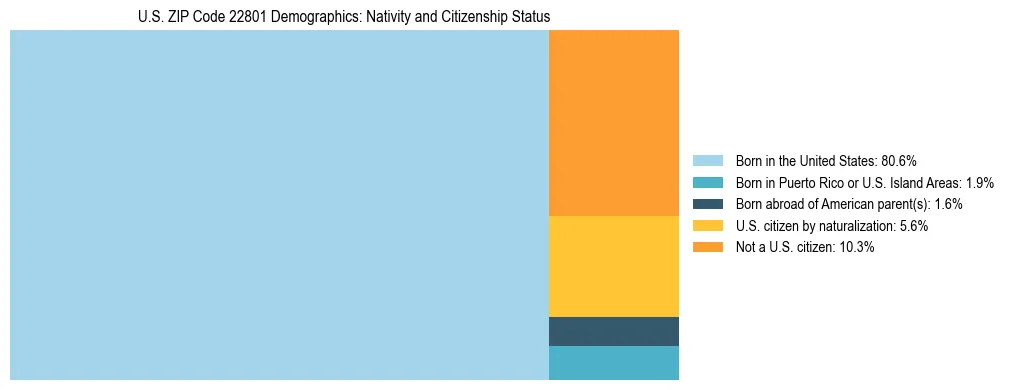Treemap showing the population distribution by nativity and citizenship status in US ZIP Code 22801 based on U.S. Census data.