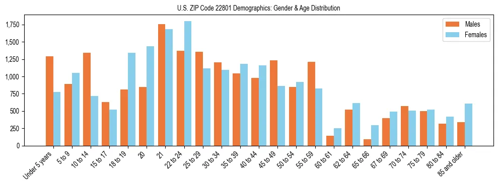 Bar chart showing the population distribution of US ZIP Code 22801 by age group and gender, based on 2023 ACS data.