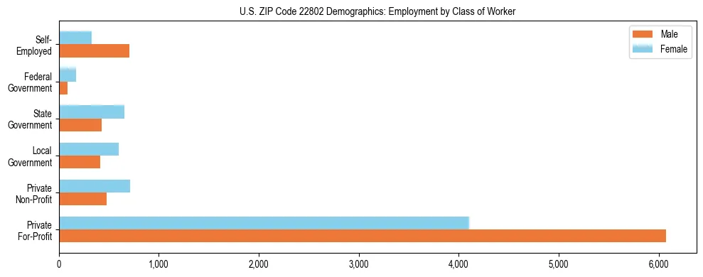 Horizontal bar chart showing employment distribution by class of worker and gender in US ZIP Code 22802, based on 2023 ACS data.