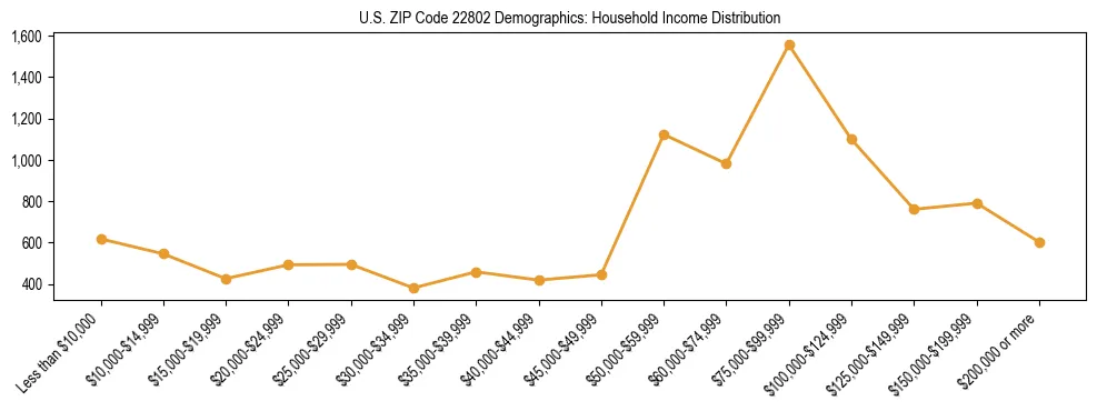 Horizontal bar chart showing household income distribution in US ZIP Code 22802.