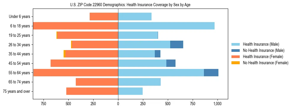 Pyramid chart showing health insurance coverage by age and sex in US ZIP Code 22960.