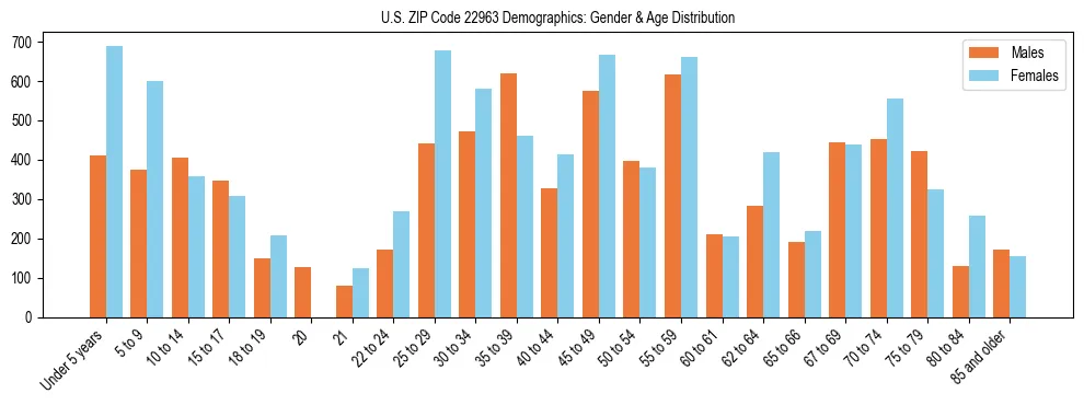 Bar chart showing the population distribution of US ZIP Code 22963 by age group and gender, based on 2023 ACS data.