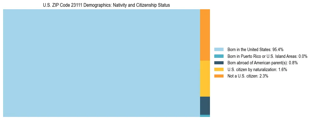 Treemap showing the population distribution by nativity and citizenship status in US ZIP Code 23111 based on U.S. Census data.
