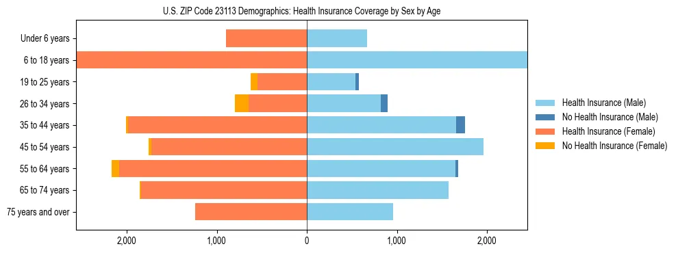 Pyramid chart showing health insurance coverage by age and sex in US ZIP Code 23113.