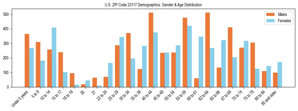 Bar chart showing the population distribution of US ZIP Code 23117 by age group and gender, based on 2023 ACS data.