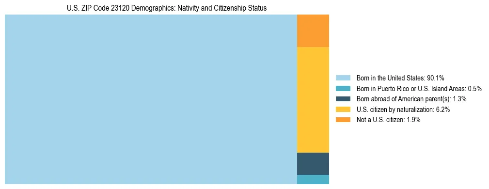 Treemap showing the population distribution by nativity and citizenship status in US ZIP Code 23120 based on U.S. Census data.