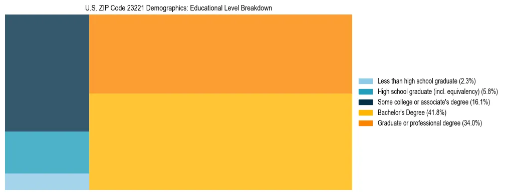 Treemap chart illustrating the educational attainment breakdown for population 25 years and over in US ZIP Code 23221.