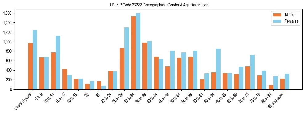 Bar chart showing the population distribution of US ZIP Code 23222 by age group and gender, based on 2023 ACS data.