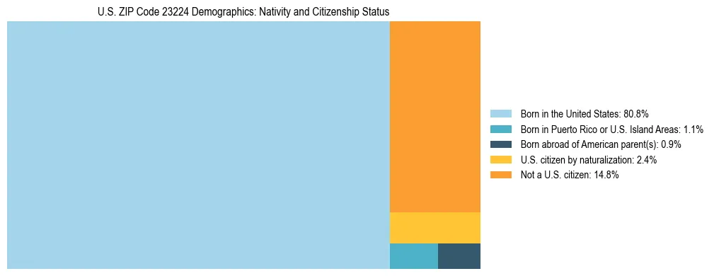 Treemap showing the population distribution by nativity and citizenship status in US ZIP Code 23224 based on U.S. Census data.