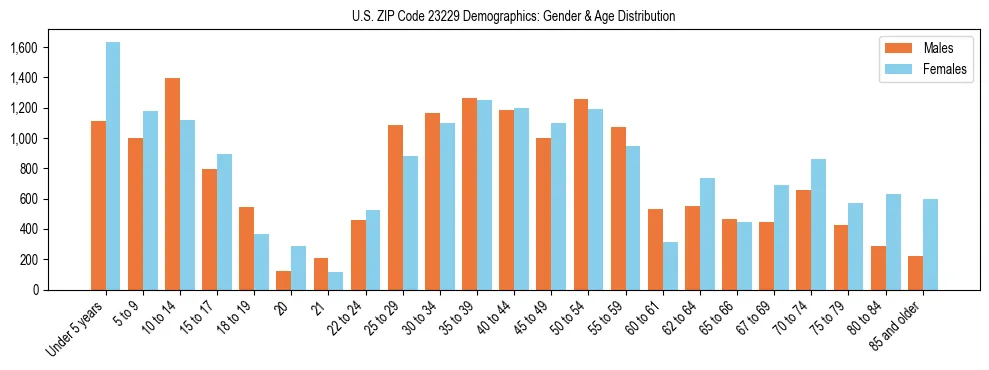 Bar chart showing the population distribution of US ZIP Code 23229 by age group and gender, based on 2023 ACS data.