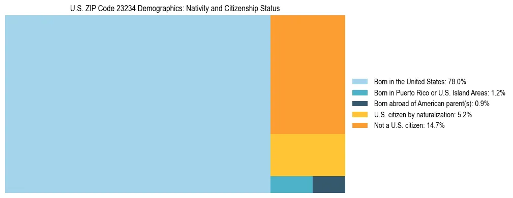 Treemap showing the population distribution by nativity and citizenship status in US ZIP Code 23234 based on U.S. Census data.