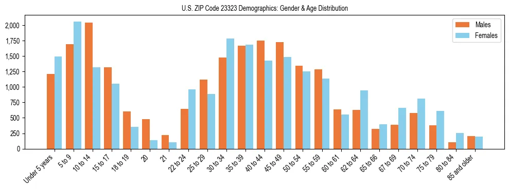 Bar chart showing the population distribution of US ZIP Code 23323 by age group and gender, based on 2023 ACS data.
