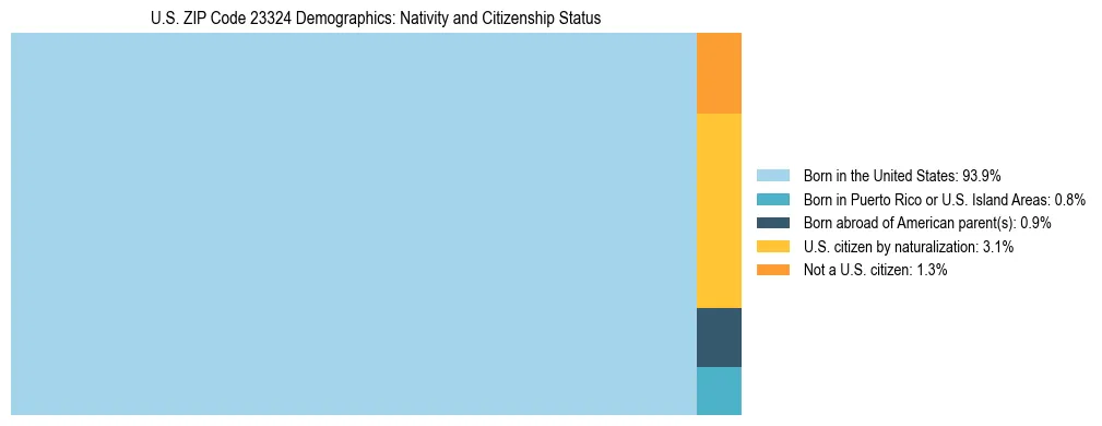 Treemap showing the population distribution by nativity and citizenship status in US ZIP Code 23324 based on U.S. Census data.