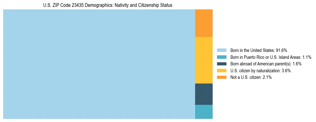 Treemap showing the population distribution by nativity and citizenship status in US ZIP Code 23435 based on U.S. Census data.