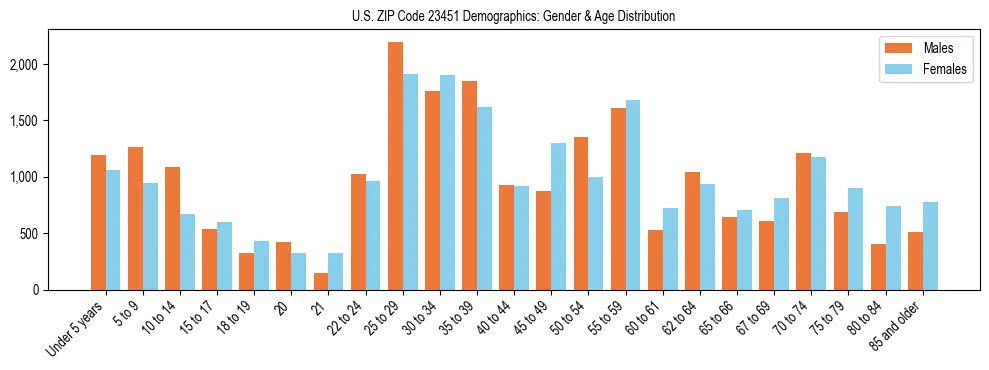 Bar chart showing the population distribution of US ZIP Code 23451 by age group and gender, based on 2023 ACS data.