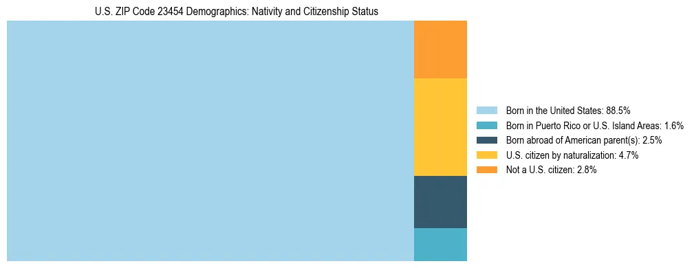 Treemap showing the population distribution by nativity and citizenship status in US ZIP Code 23454 based on U.S. Census data.