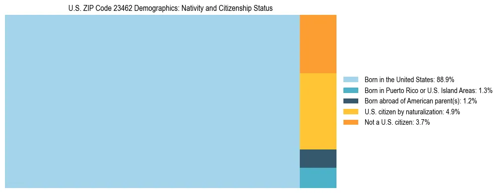 Treemap showing the population distribution by nativity and citizenship status in US ZIP Code 23462 based on U.S. Census data.