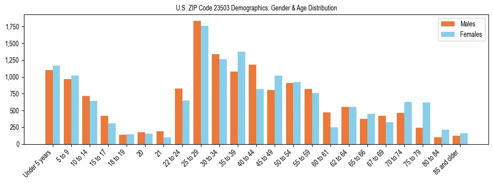 Bar chart showing the population distribution of US ZIP Code 23503 by age group and gender, based on 2023 ACS data.