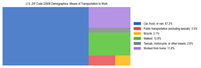 Treemap showing means of transportation to work distribution in US ZIP Code 23508.