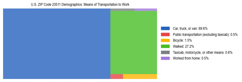 Treemap showing means of transportation to work distribution in US ZIP Code 23511.