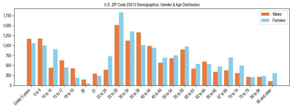 Bar chart showing the population distribution of US ZIP Code 23513 by age group and gender, based on 2023 ACS data.