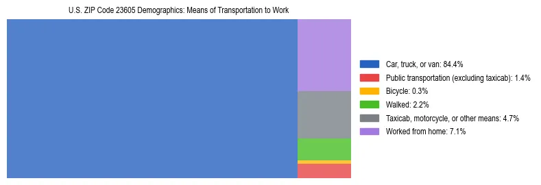 Treemap showing means of transportation to work distribution in US ZIP Code 23605.