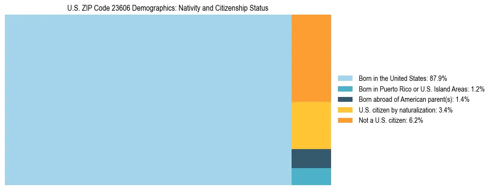 Treemap showing the population distribution by nativity and citizenship status in US ZIP Code 23606 based on U.S. Census data.