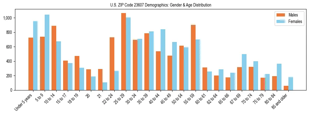 Bar chart showing the population distribution of US ZIP Code 23607 by age group and gender, based on 2023 ACS data.