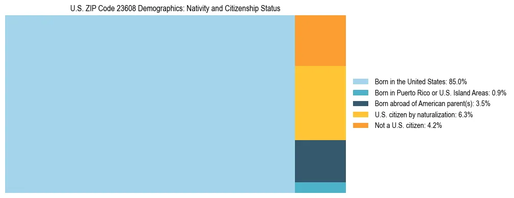 Treemap showing the population distribution by nativity and citizenship status in US ZIP Code 23608 based on U.S. Census data.