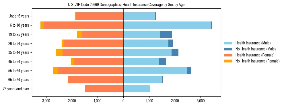 Pyramid chart showing health insurance coverage by age and sex in US ZIP Code 23669.