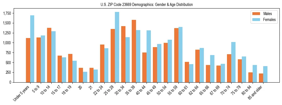 Bar chart showing the population distribution of US ZIP Code 23669 by age group and gender, based on 2023 ACS data.