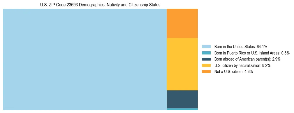 Treemap showing the population distribution by nativity and citizenship status in US ZIP Code 23693 based on U.S. Census data.