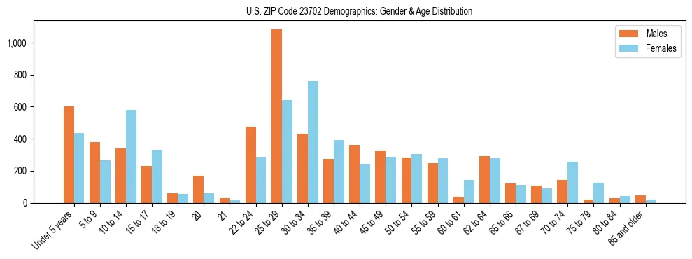 Bar chart showing the population distribution of US ZIP Code 23702 by age group and gender, based on 2023 ACS data.