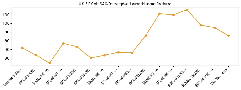 Horizontal bar chart showing household income distribution in US ZIP Code 23703.