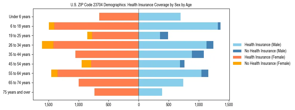 Pyramid chart showing health insurance coverage by age and sex in US ZIP Code 23704.