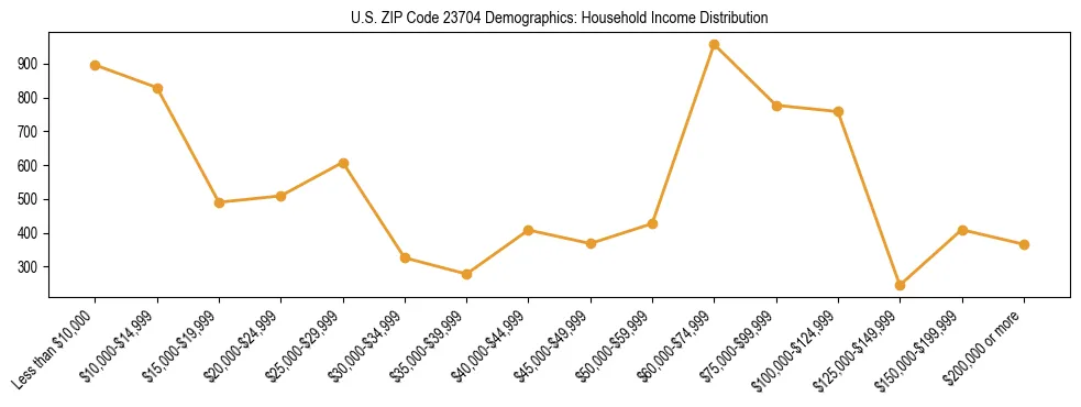 Horizontal bar chart showing household income distribution in US ZIP Code 23704.