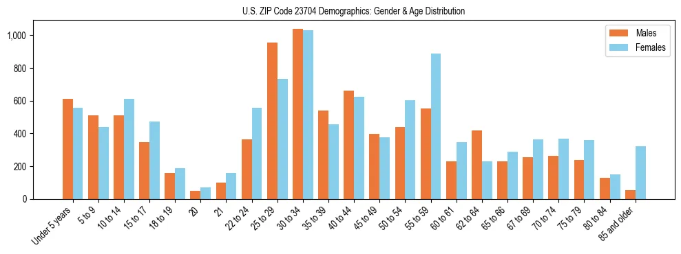 Bar chart showing the population distribution of US ZIP Code 23704 by age group and gender, based on 2023 ACS data.